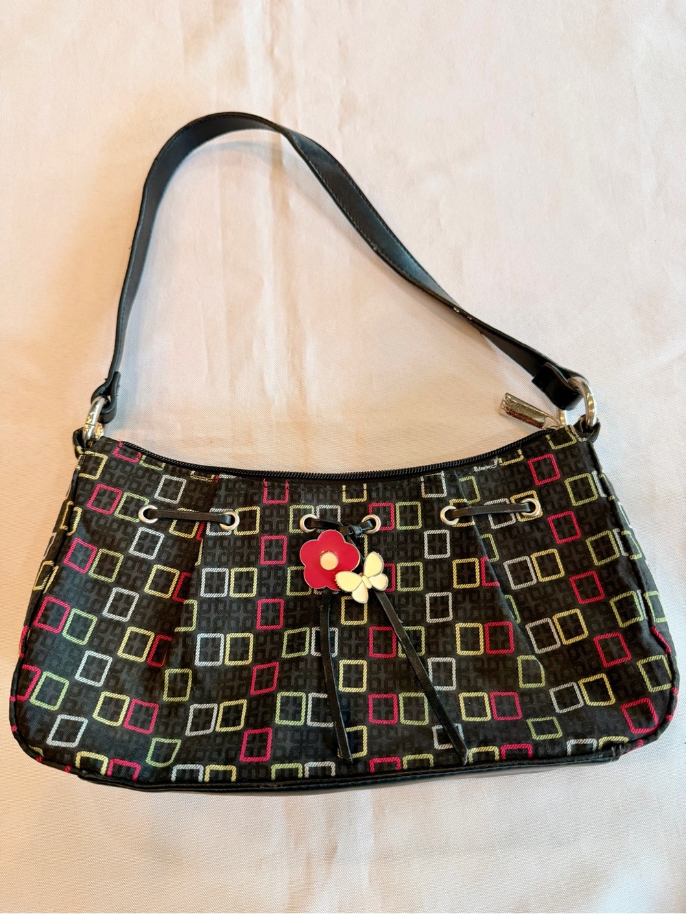 Vintage Worthington Baguette Shoulder Bag with Colorful Square Motif & Charm